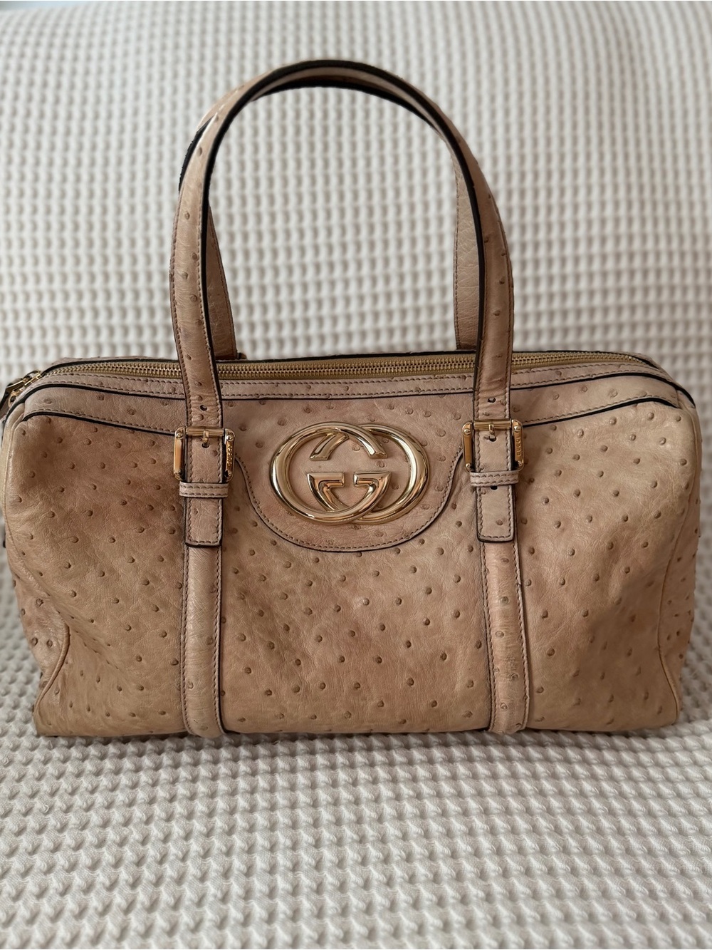 Gucci Tan Ostrich-Style Leather Shoulder Bag with Gold Hardware